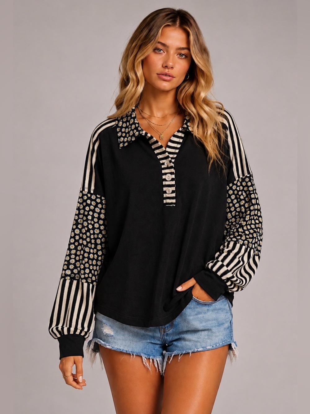 Black French terry floral sleeve contrast sweatshirt boho sweater Henley top